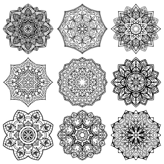 Conjunto de mandalas Colección de elementos decorativos étnicos para colorear libro
