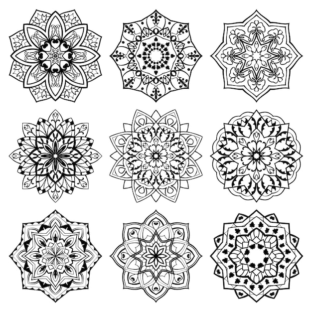 Vector conjunto, de, mandalas, negro y blanco, elementos, para, diseño