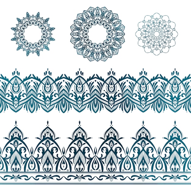 Conjunto de mandalas ornamentadas y ilustraciones vectoriales de fronteras