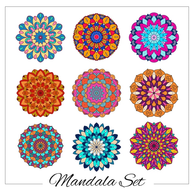 Conjunto de mandalas redondas y coloridas en fondo blanco aislado vector brillante plantilla de yoga de mandala