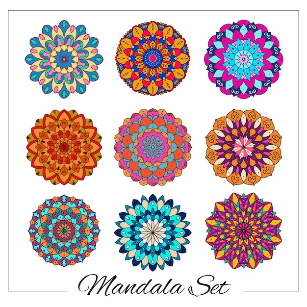 Vector conjunto de mandalas redondas y coloridas en fondo blanco aislado vector brillante plantilla de yoga de mandala