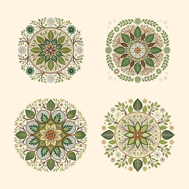 Conjunto de mandalas verdes florales