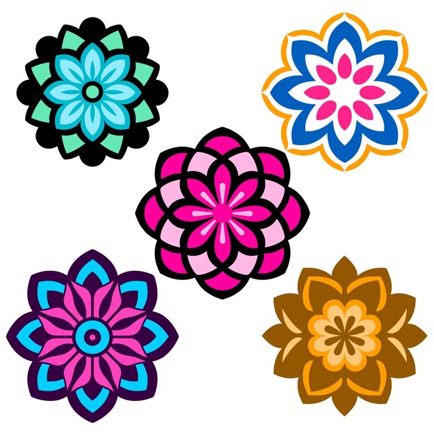 Vector conjunto de mandales florales de colores en el estilo indio y dibujados a mano sobre fondo blanco