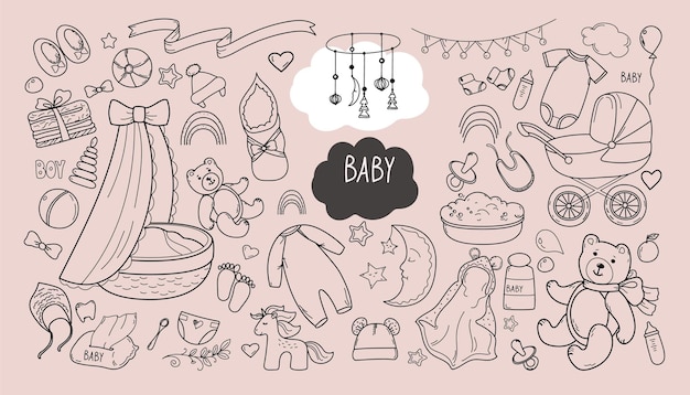 conjunto, de, mano, dibujado, bebé, niña, y, niño, caricatura, bosquejo, estilo, garabato, para, icono, bandera