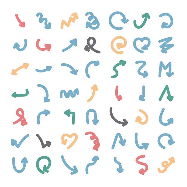 conjunto, de, mano, dibujado, flecha, iconos, brillante, colores, flecha, vector, conjunto, aislado, plano de fondo