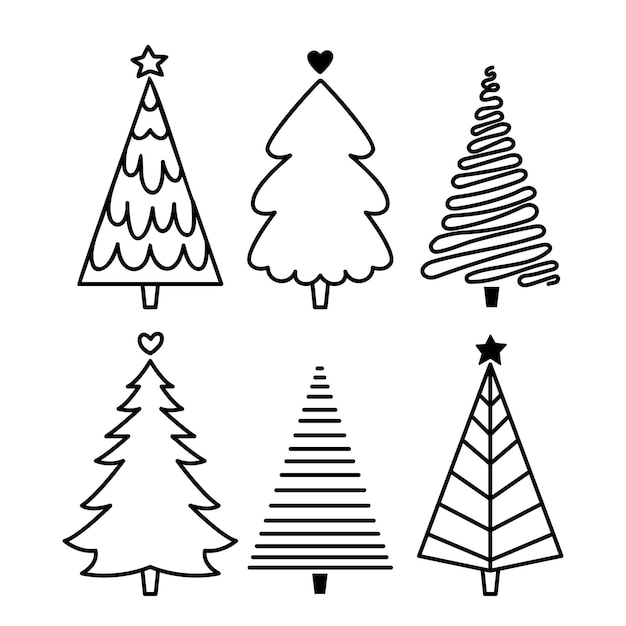 conjunto, de, mano, dibujado, garabato, árbol de navidad