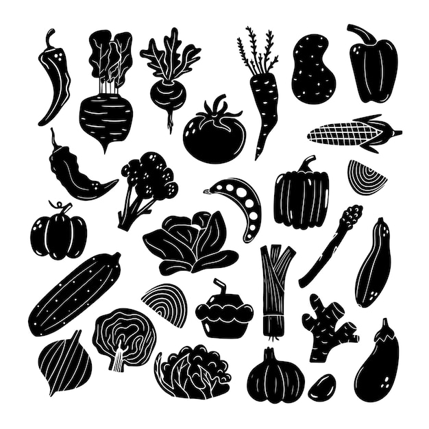 Conjunto, de, mano, dibujado, garabato, negro, vegetales