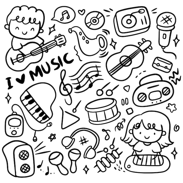 conjunto, de, mano, dibujado, música, garabato
