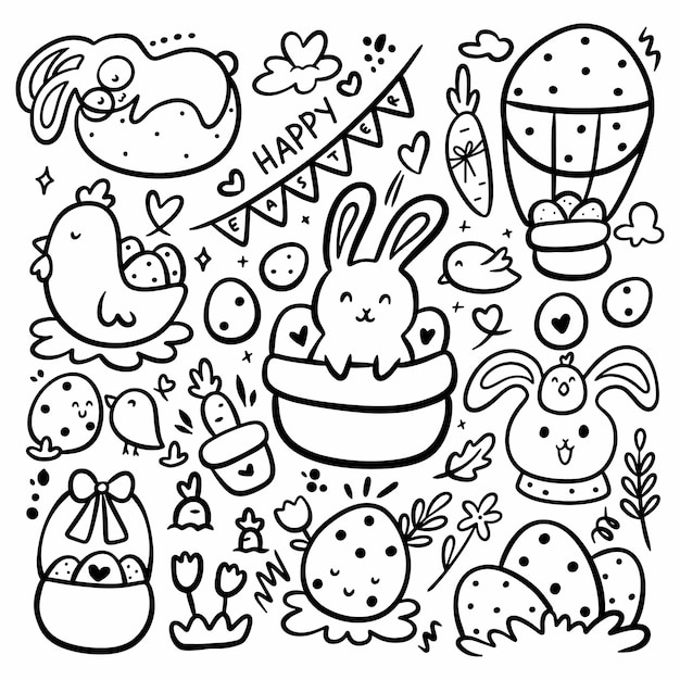 conjunto, de, mano, dibujado, pascua, garabato, vector, ilustración