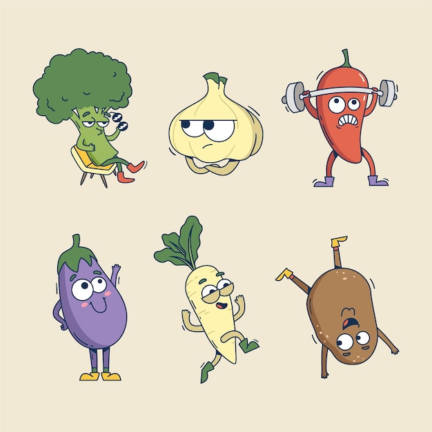conjunto, de, mano, dibujado, retro, caricatura, vegetales