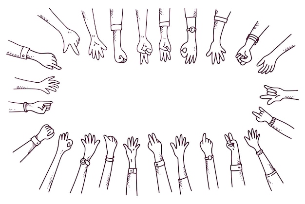 Vector conjunto de mano de doodle en varios gestos