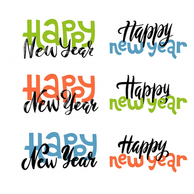 Conjunto de la mano de letras nuevas cotizaciones año - feliz año nuevo escrito en varios estilos.