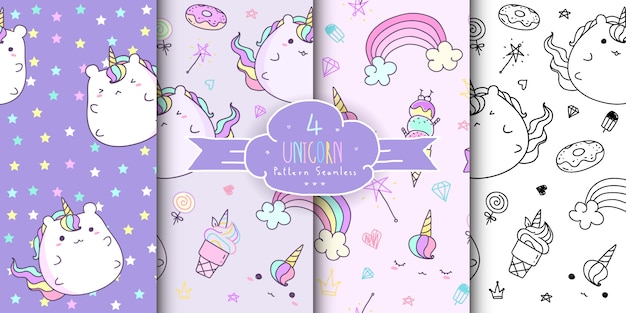 Conjunto de mano lindo dibujado unicornio de patrones sin fisuras