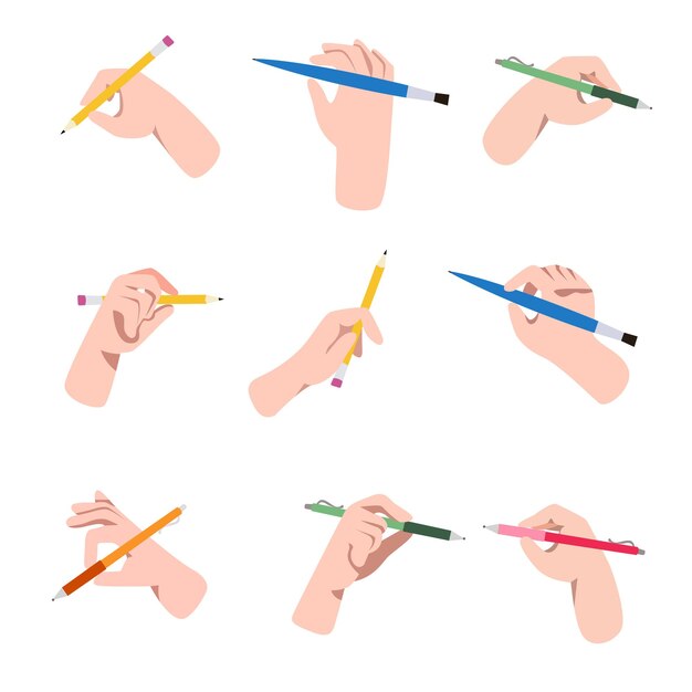 Conjunto de manos con bolígrafos y lápices en estilo doodle aislados gestando brazos humanos dedos vectoriales ingenio