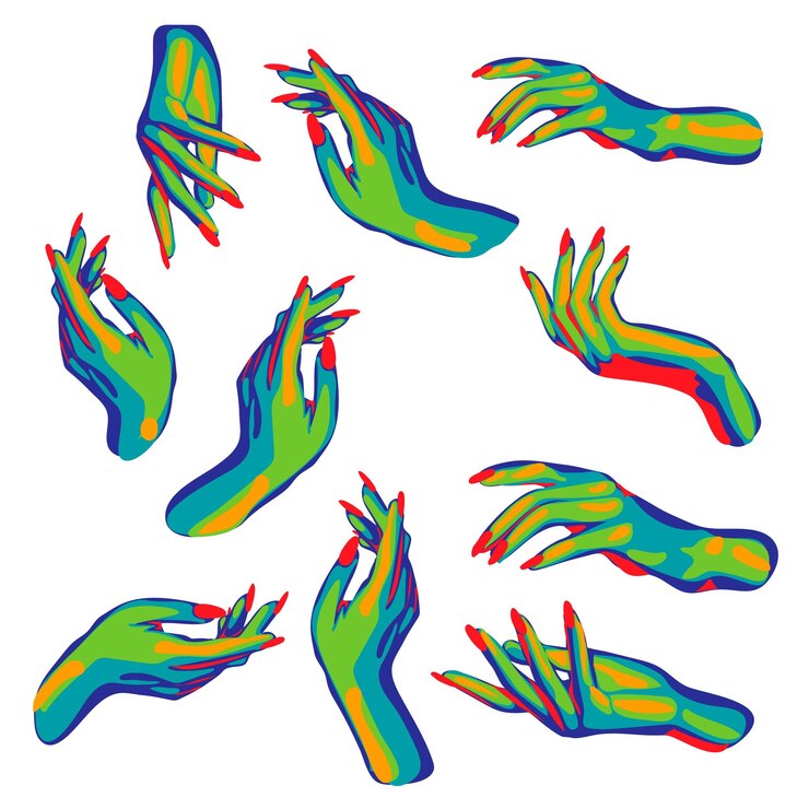 Vector un conjunto de manos de bruja brillantes místicas durante la brujería manos elegantes delgadas en colores verdes jugosos