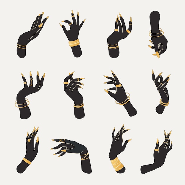 Vector conjunto de manos de brujas negras con largas uñas doradas anillos y pulseras en varios ángulos ilustración vectorial de brujería brujas esoterismo adivinación