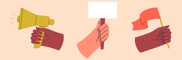Vector conjunto de manos coloridas sosteniendo diferentes objetos manos con megáfono de bandera de banner ilustración aislada de vector gráfico plano coloreado