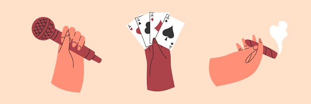 Conjunto de manos coloridas sosteniendo diferentes objetos Manos con micrófono cigarro jugando a las cartas