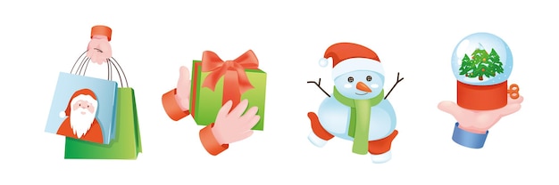 Conjunto de manos de concepto gráfico de vacaciones de navidad. manos humanas sosteniendo bolsas de compras, caja de regalo con arco, muñeco de nieve y bola de nieve. símbolos de celebración de navidad. ilustración de vector con objetos realistas 3d