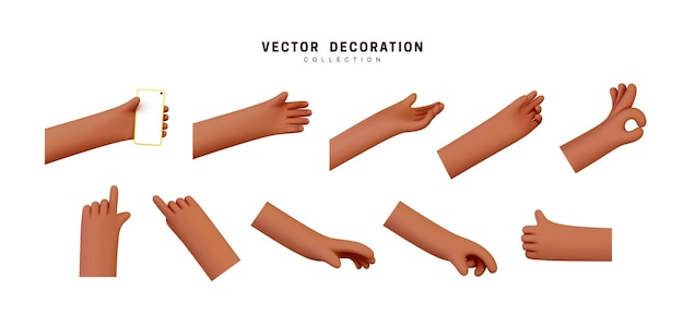 Conjunto de manos de diseño 3d realista en estilo de dibujos animados. La mano muestra diferentes signos de gestos. Ilustración vectorial