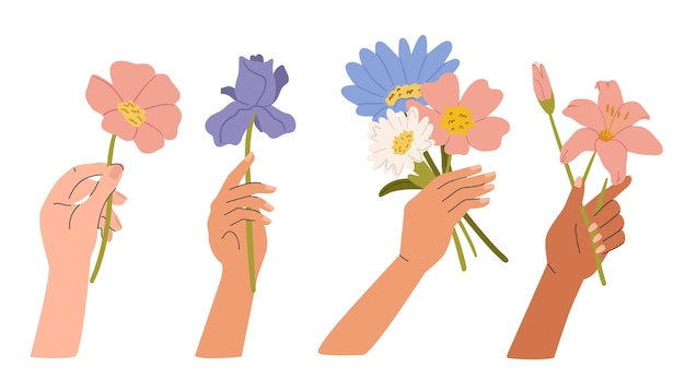 Conjunto de manos femeninas con flores Diseño decorativo elegante Regalo romántico Ilustración vectorial