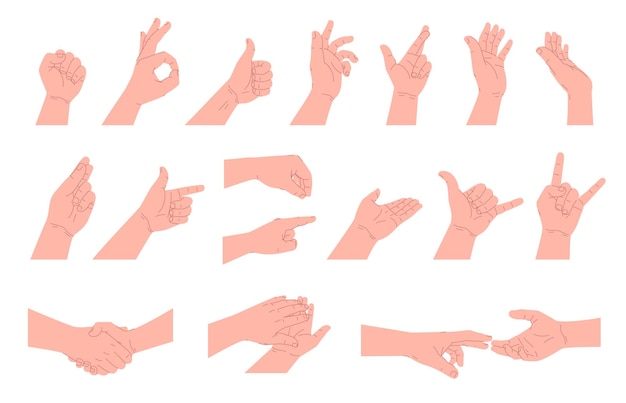 Conjunto de manos humanas con diferentes gestos Manos en diferentes ángulos de posturas Ilustración vectorial