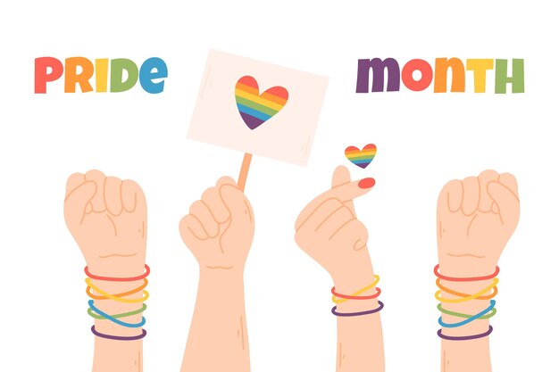 Conjunto de manos LGBT arriba Ilustración vectorial Estilo plano Colección dibujada a mano de elementos lgbt Mes del orgullo