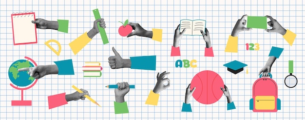 Conjunto de manos de medio tono que sostienen suministros escolares concepción educativa Ilustración vectorial de regreso a la escuela