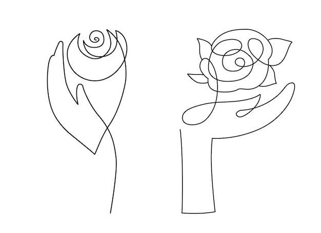 Conjunto de manos de mujer elegante sosteniendo una rosa, estilo de arte de línea