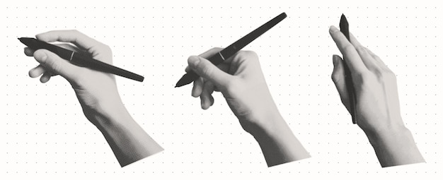 Conjunto de manos con una pluma en diferentes posiciones Manos sosteniendo una pluma al estilo de medio tono con puntas