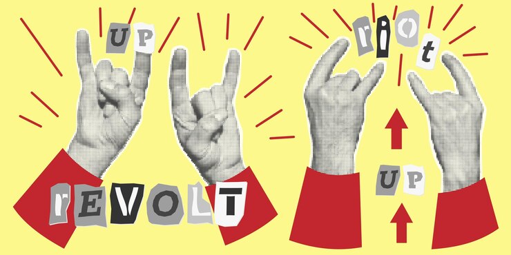 Vector conjunto de manos puntero con puños de dedos estilo medio tono colección de elementos de diseño de collage art pop de moda punteado vintage grunge punk formas de recorte signo de cabra de roca riot texto retro ilustración vectorial