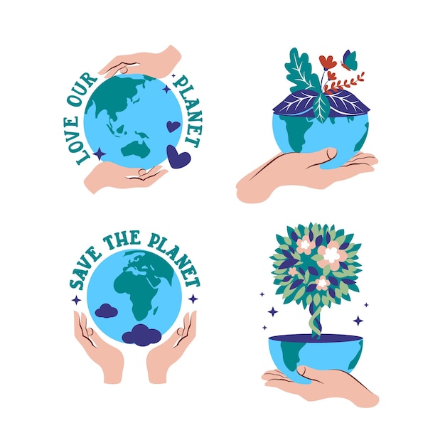 Vector el conjunto de manos que sostienen los planetas tierra para las insignias de diseños de logotipos de pegatinas