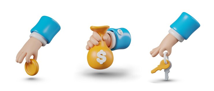 Vector conjunto de manos realistas sosteniendo llaves de bolsas de monedas plantillas vectoriales aisladas