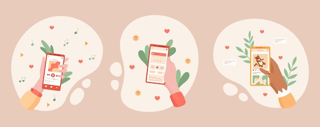 Conjunto de manos sostenidas aplicación para teléfonos inteligentes que muestra gestos de redes sociales personaje muestra digital moderno