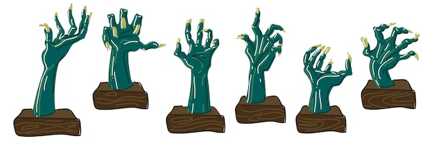 Un conjunto de manos de zombies en estilo retro con luces y soportes de madera sobre un fondo blanco