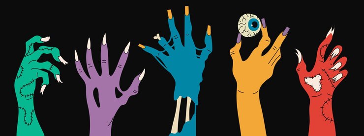 Vector un conjunto de manos de zombies en un fondo negro colección aislada de manos multicolores con daño