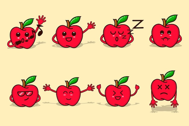 Conjunto de manzana roja con carácter emoticono ilustración vectorial aislada