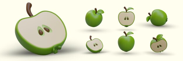 Conjunto de manzanas 3D en estilo de dibujos animados Frutas verdes maduras con hojas