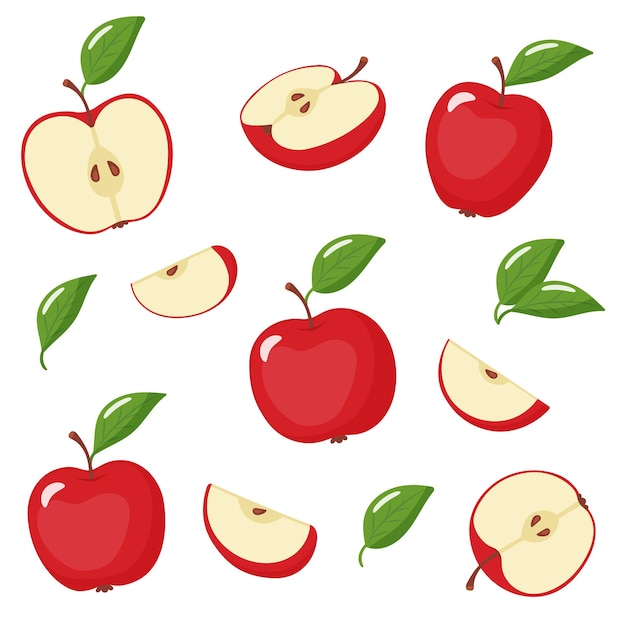 conjunto de manzanas rojas con hojas