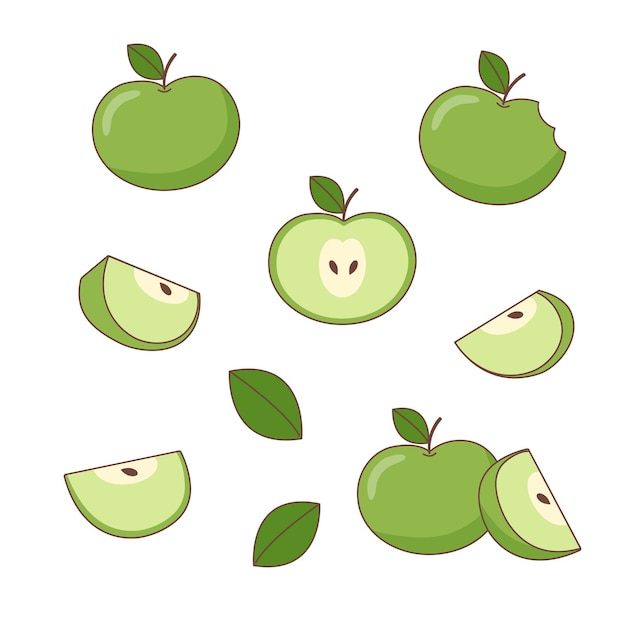 Conjunto de manzanas verdes enteras y cortadas
