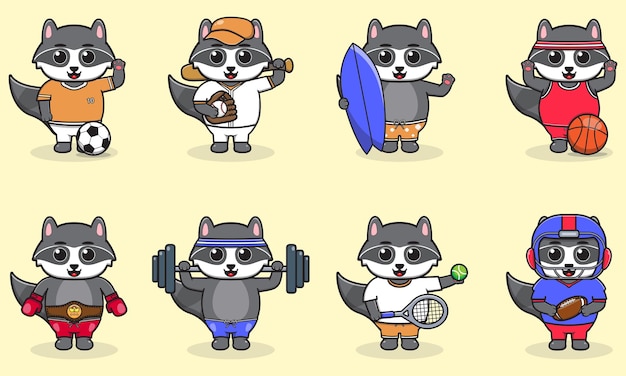 Conjunto de mapaches con uniforme y usando equipo deportivo