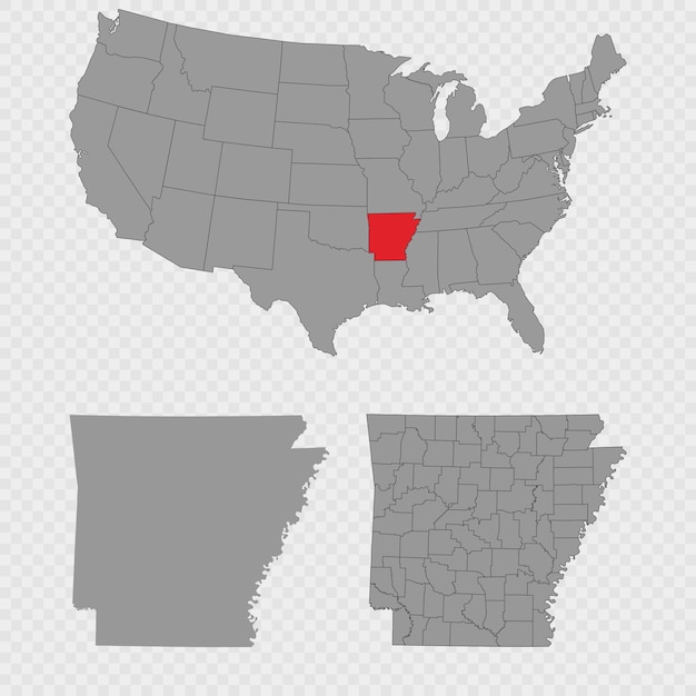 Conjunto de mapas de Arkansas con la ubicación de los Estados Unidos con un contorno limpio y un desglose completo del condado