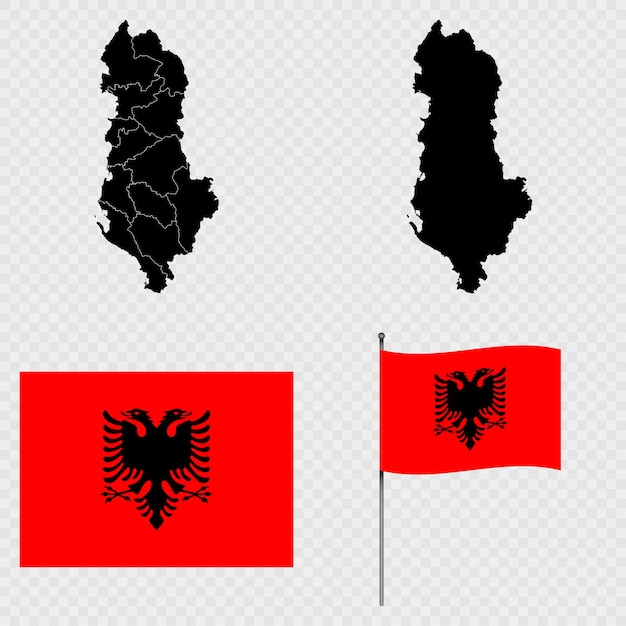 Conjunto de mapas bandera y asta de bandera de Albania Ilustración vectorial