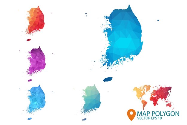Conjunto de mapas de Corea del Sur de fondo gráfico degradado de estilo polivinílico bajo triangular arrugado geométrico