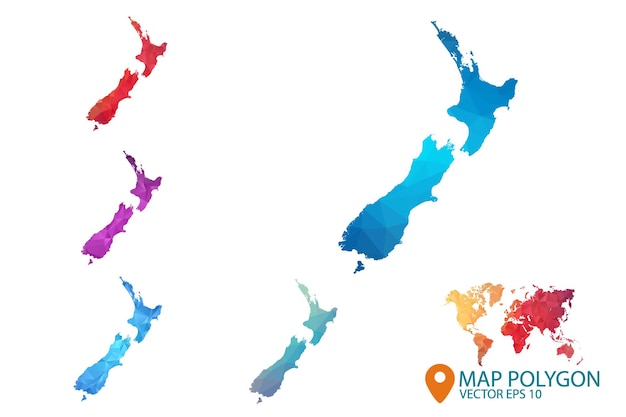 Conjunto de mapas de Nueva Zelanda de fondo gráfico degradado de estilo polivinílico bajo triangular arrugado geométrico
