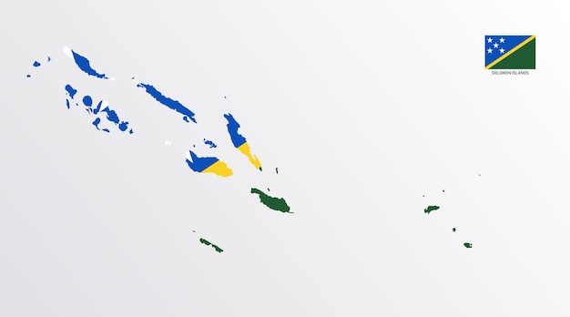 Conjunto de mapas políticos de las Islas Salomón con regiones aisladas y bandera sobre fondo blanco