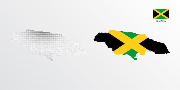 Conjunto de mapas políticos de Jamaica con regiones aisladas y bandera sobre fondo blanco