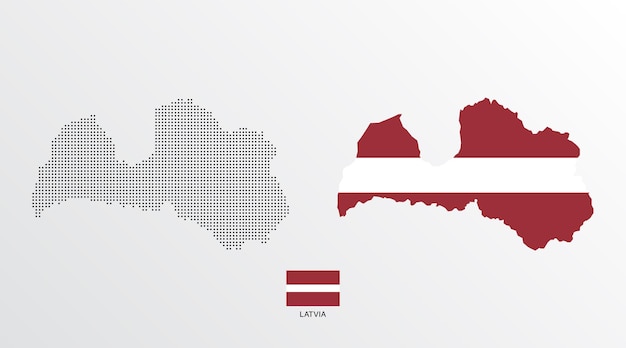 Conjunto de mapas políticos de Letonia con regiones aisladas y bandera sobre fondo blanco