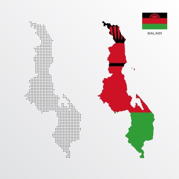 Conjunto de mapas políticos de Malawi con regiones aisladas y bandera sobre fondo blanco