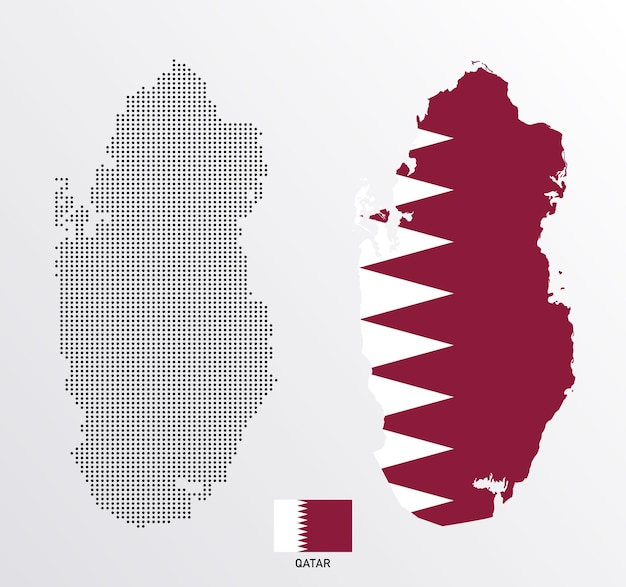 Conjunto de mapas políticos de Qatar con regiones aisladas y bandera sobre fondo blanco